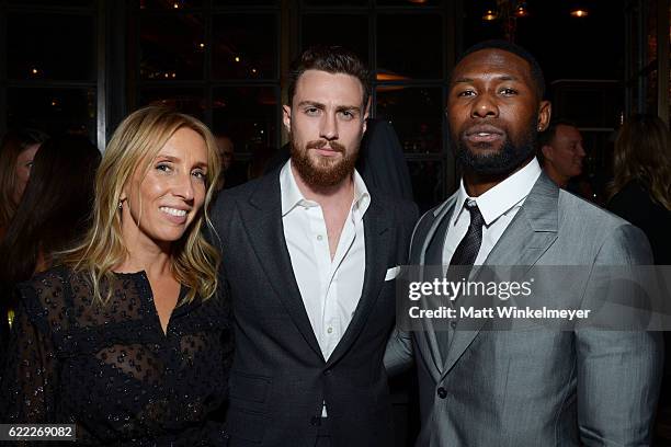 Sam Taylor-Johnson, Aaron Taylor-Johnson and Trevante Rhodes attend the Hollywood Foreign Press Association and InStyle celebrate the 2017 Golden...