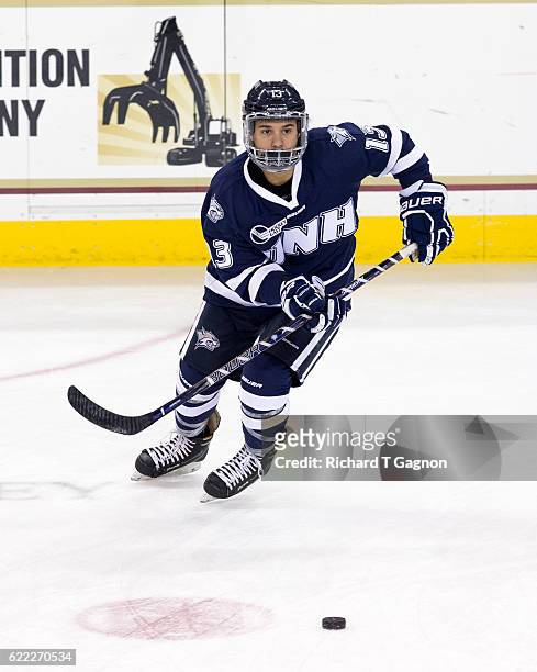 Justin Fregona of the New Hampshire Wildcats skates in warm-ups prior to the game against the Boston College Eagles during NCAA hockey at Kelley Rink...