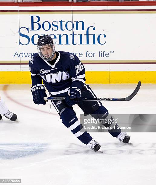 Liam Blackburn of the New Hampshire Wildcats skates against the Boston College Eagles during NCAA hockey at Kelley Rink on November 8, 2016 in...