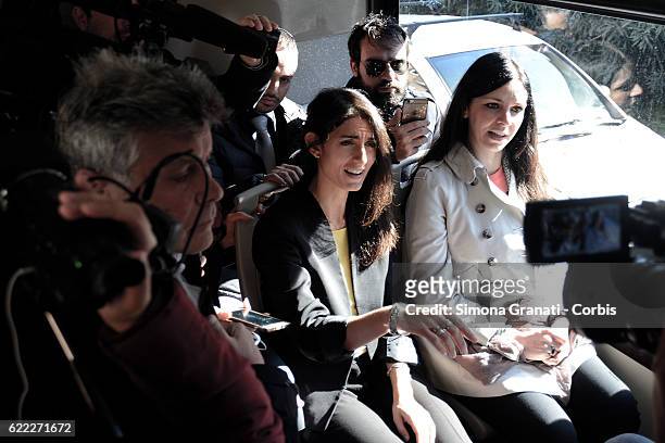 The mayor of Rome, Virginia Raggi and the councilor for mobility Linda Meleo traveling by bus during the presentation of the first 25 of 150 new...
