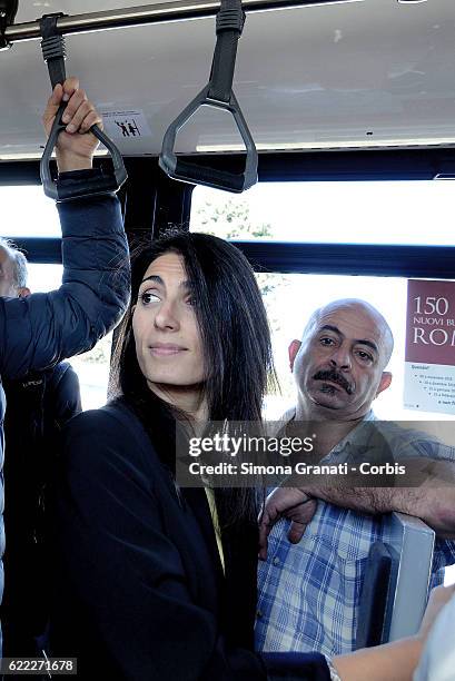The mayor of Rome, Virginia Raggi traveling by bus during the presentation of the first 25 of 150 new buses purchased from the Capitol,on November 9,...