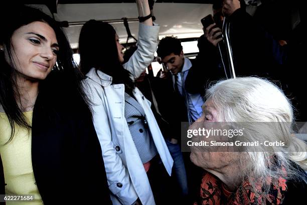 The mayor of Rome, Virginia Raggi speaks with an elderly woman on the bus during the presentation of the first 25 new buses for the supply of 150...