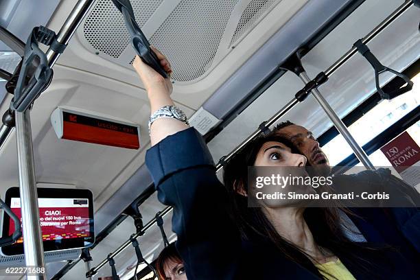 The mayor of Rome, Virginia Raggi traveling by bus during the presentation of the first 25 of 150 new buses purchased from the Capitol,on November 9,...