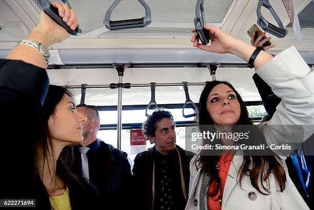 The mayor of Rome, Virginia Raggi and the councilor for mobility Linda Meleo traveling by bus during the presentation of the first 25 of 150 new...