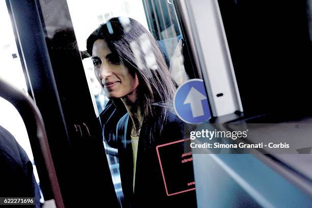 The mayor of Rome, Virginia Raggi traveling by bus during the presentation of the first 25 of 150 new buses purchased from the Capitol,on November 9,...