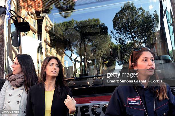 The mayor of Rome, Virginia Raggi and the councilor for mobility Linda Meleo during the presentation of the first 25 of 150 new buses purchased from...