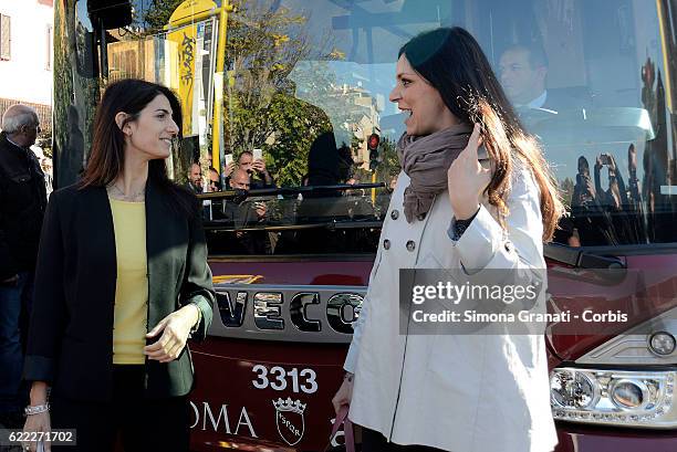 The mayor of Rome, Virginia Raggi and the councilor for mobility Linda Meleo traveling by bus during the presentation of the first 25 of 150 new...