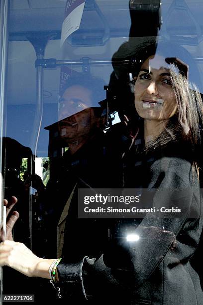 The mayor of Rome, Virginia Raggi and the councilor for mobility Linda Meleo traveling by bus during the presentation of the first 25 of 150 new...