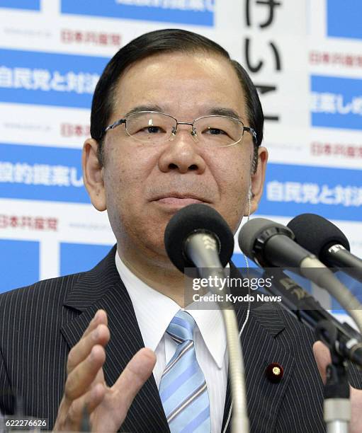 Japan - Opposition Japanese Communist Party leader Kazuo Shii answers reporters' questions on the House of Councillors election at the JCP's...