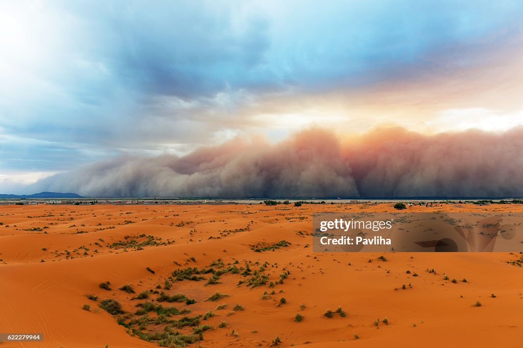 Sandstorm Approaching Merzouga Settlement,in Erg Chebbi Desert Morocco,Africa