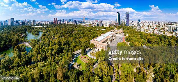 aerial view of mexico city skyline from chapultepec park - museo nacional de antropologia stockfoto's en -beelden