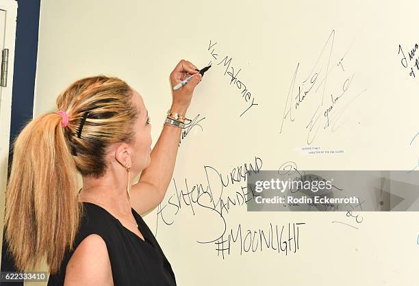 Filmmaker Victoria Mahoney signs wall at Arclight's Women In Entertainment 2016 Summit at ArcLight Cinemas Cinerama Dome on November 10, 2016 in...