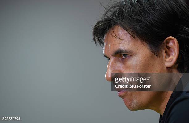 Wales manager Chris Coleman faces the media prior to the FIFA 2018 World Cp qualifier against Serbia at Cardiff City Stadium on November 11, 2016 in...