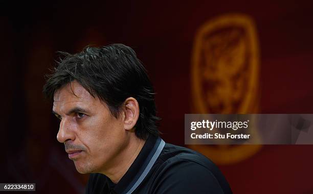 Wales manager Chris Coleman faces the media prior to the FIFA 2018 World Cp qualifier against Serbia at Cardiff City Stadium on November 11, 2016 in...