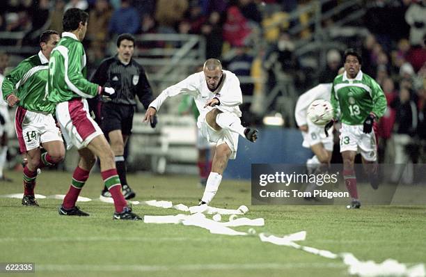 Josh Wolff of the USA kicks the ball down the field during the World Cup Qualifying Game against Mexico at the Columbus Crew Stadium in Columbus,...