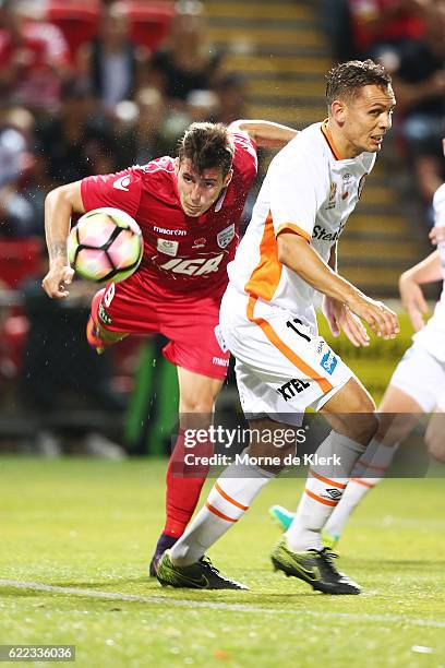 Sergio Guardiola of Adelaide United heads the ball to score a goal during the round six A-League match between Adelaide United and Brisbane Roar at...