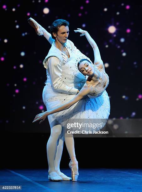 Anna Nikulina and Artem Ovcharenko of the Bolshoi Theatre Moscow perform a private ballet performance at the National Theatre on day 4 of a Royal...