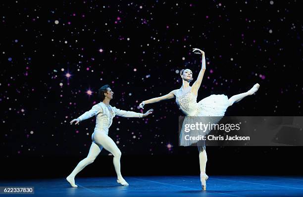 Anna Nikulina and Artem Ovcharenko of the Bolshoi Theatre Moscow perform a private ballet performance at the National Theatre on day 4 of a Royal...