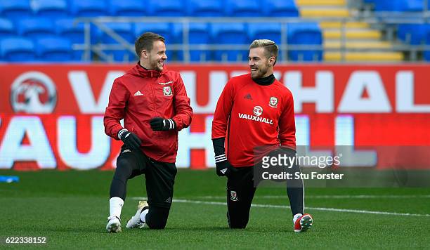 Wales players Chris Gunter and Aaron Ramsey share a joke during Wales training prior to the FIFA 2018 World Cp qualifier against Serbia at Cardiff...