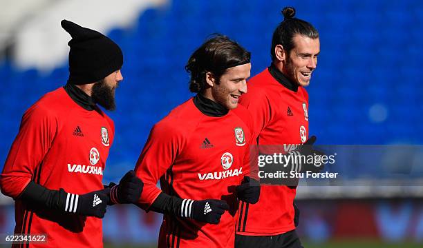 Wales player Gareth Bale Adam Matthews and Joe Ledley in action during Wales training prior to the FIFA 2018 World Cp qualifier against Serbia at...