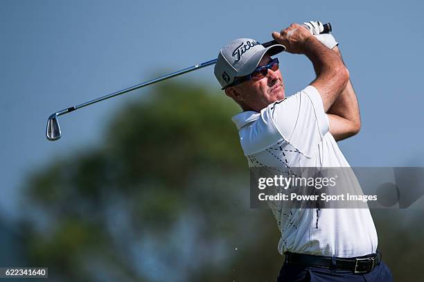 David Mckenzie of Australia tees off during the Clearwater Bay Open as part of the PGA Tour China at the The Clearwater Bay Golf & Country Club on 04...