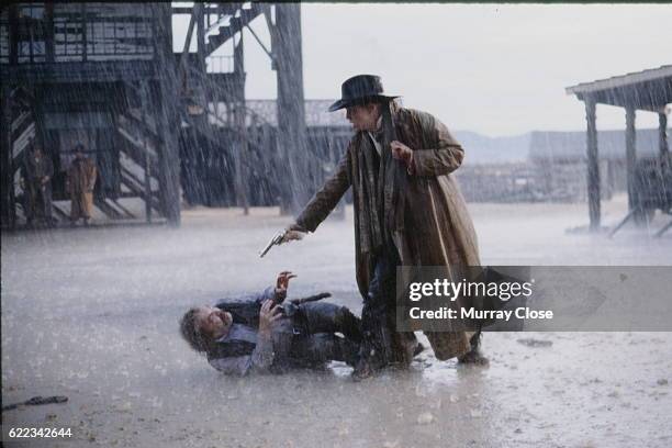 American actress Sharon Stone on the set of The Quick and the Dead directed by Sam Raimi.