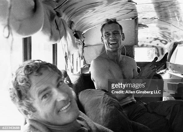 Timothy Leary psychedelic research pioneer and Neal Cassady first meeting at Millbrook N.Y. In Ken Kesey-Merry Pranksters' "Further" bus which Neal'd...