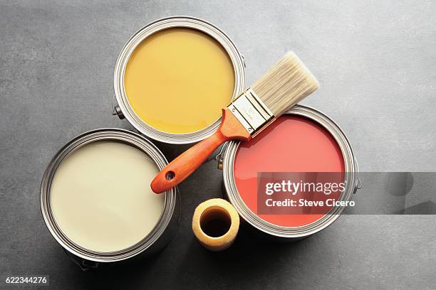 three paint cans with brush and roller - open round three stock pictures, royalty-free photos & images