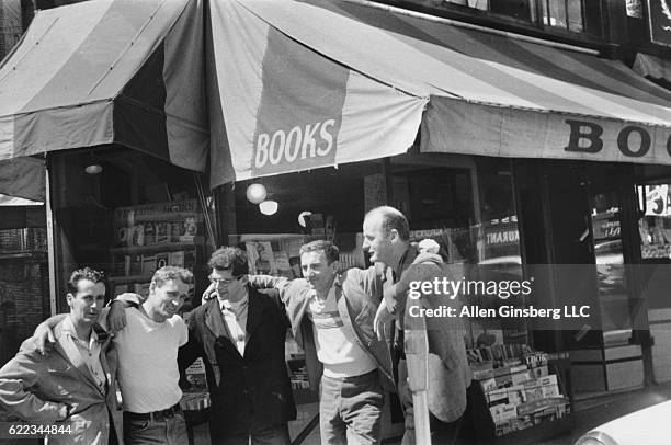 Bob Donlon , Neal Cassady, Allen Ginsberg, Robert LaVigne, and Lawrence Ferlinghetti stand outside Ferlinghetti's City Lights Bookstore in San...