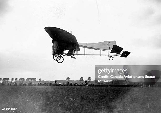 Louis Bleriot prepares to land a Bleriot XII monoplane during a competition in Douai at La Brayelle Airfield.