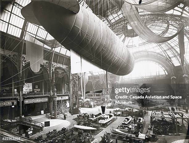 Zodiac airship hangs from the ceiling of Paris' Grand Palais during the International Exposition of Aerial Locomotion of 1910.