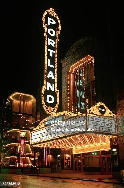 portland's schnitzer theater - portland neon sign stock pictures, royalty-free photos & images