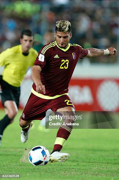 Jacobo Koufatti of Venezuela takes a shot during a match between Venezuela and Bolivia as part of FIFA 2018 World Cup Qualifiers at Monumental de...
