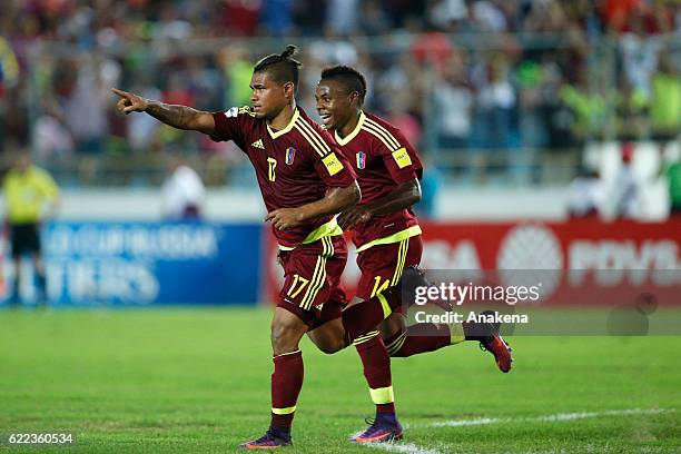 Josef Martinez of Venezuela celebrates with teammates after scoring the second goal of his team during a match between Venezuela and Bolivia as part...