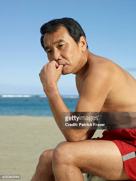 Haruki Murakami in Ala Moana Park, Honolulu, Hawaii.