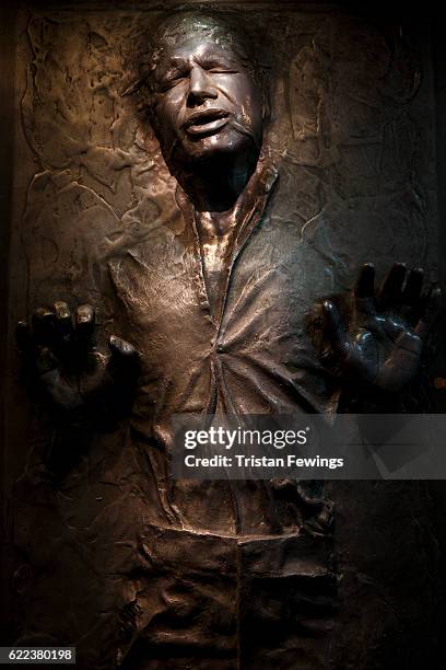 Prop of Han Solo in Carbonite is displayed at the Star Wars Identities exhibition at The O2 Arena on November 11, 2016 in London, England. Star Wars...