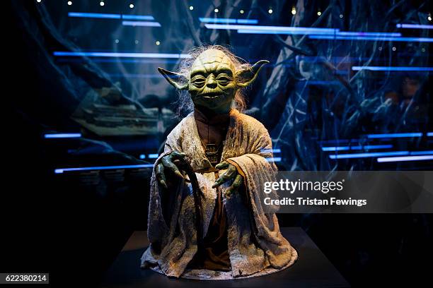 Puppet of iconic character Yoda is displayed at the Star Wars Identities exhibition at The O2 Arena on November 11, 2016 in London, England. Star...