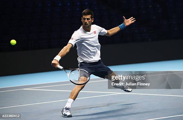 Novak Djokovic of Serbia in a practice session during previews for the Barclays ATP World Tour Finals at O2 Arena on November 11, 2016 in London,...