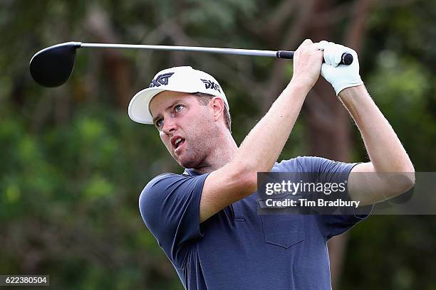 Chris Kirk of the United States plays his shot from the seventh tee during the second round of the OHL Classic at Mayakoba on November 11, 2016 in...