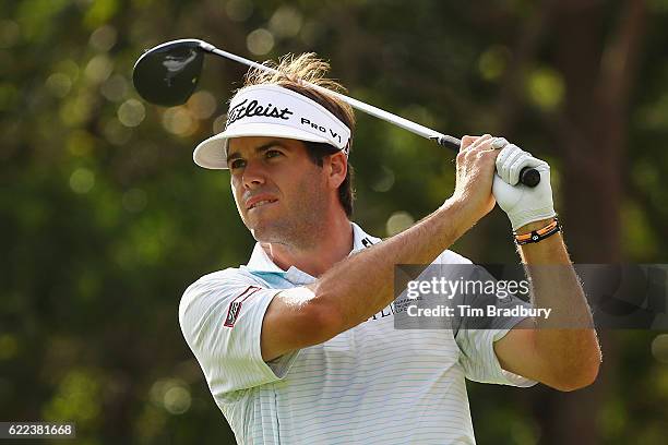 Ben Martin of the United States plays his shot from the seventh tee during the second round of the OHL Classic at Mayakoba on November 11, 2016 in...