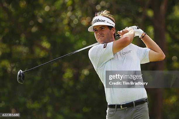 Ben Martin of the United States plays his shot from the seventh tee during the second round of the OHL Classic at Mayakoba on November 11, 2016 in...