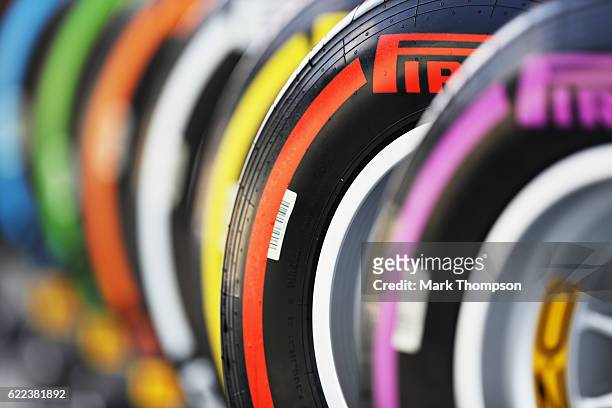 Pirelli tyres lined up in the Paddock during practice for the Formula One Grand Prix of Brazil at Autodromo Jose Carlos Pace on November 11, 2016 in...