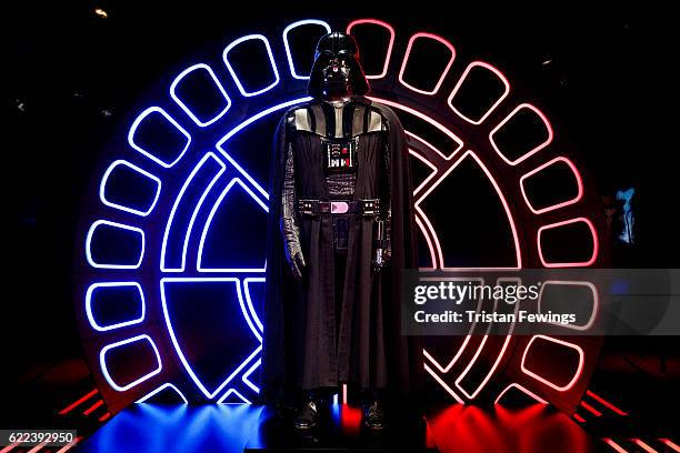 An original Darth Vader costume is displayed at the Star Wars Identities exhibition at The O2 Arena on November 11, 2016 in London, England. Star...