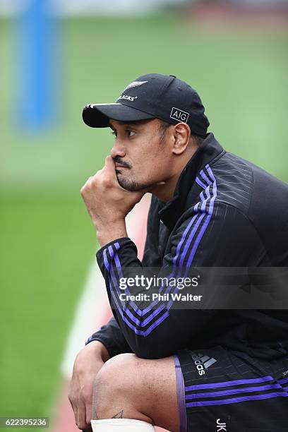 Jerome Kaino of the New Zealand All Blacks watches from the sideline during the All Blacks captains run at Stadio Olimpico on November 11, 2016 in...