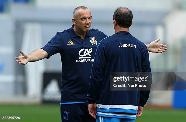 Italy head coach Conor O Shea with the defensive skills coach Brendan Venter at Olimpico Stadium in Rome, Italy on November 11, 2016 during a session...