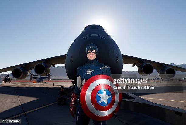 In honor of Vererans Day Madame Tussauds unveils the all-American hero Captain America at Nellis Air Force Base on November 11, 2016 in Las Vegas,...
