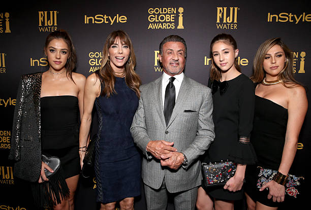 Jennifer Flavin and Sylvester Stallone pose with 2016 Miss Golden Globes Sistine Stallone, Scarlet Stallone, and Sophia Stallone at the Hollywood...