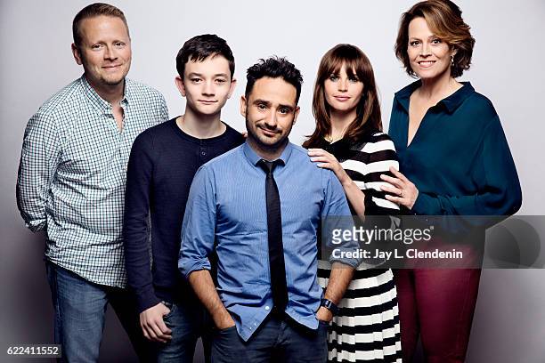 Actor Patrick Ness, actor Lewis MacDougall, director J.A. Bayona, actress Felicty Jones, and actress Sigourney Weaver, from the film "A Monster...