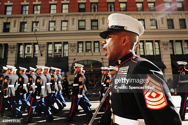 Members of the U.S. Marines march in the nation's largest Veterans Day Parade in New York City on November 11, 2016 in New York City. Known as...