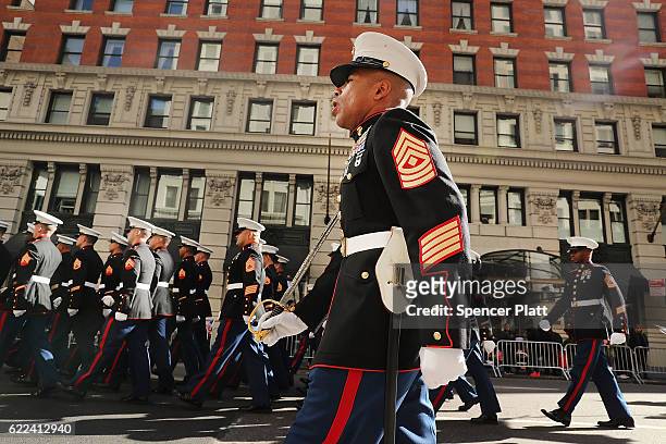 Members of the U.S. Marines march in the nation's largest Veterans Day Parade in New York City on November 11, 2016 in New York City. Known as...